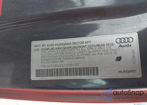 2005 Audi Tt 1.8L z USA, uszkodzony, nr VIN TRUWT28NX51008630